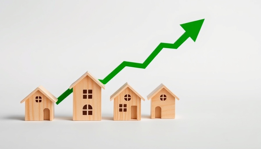 Wooden houses and green arrow showing Wales house prices increase.