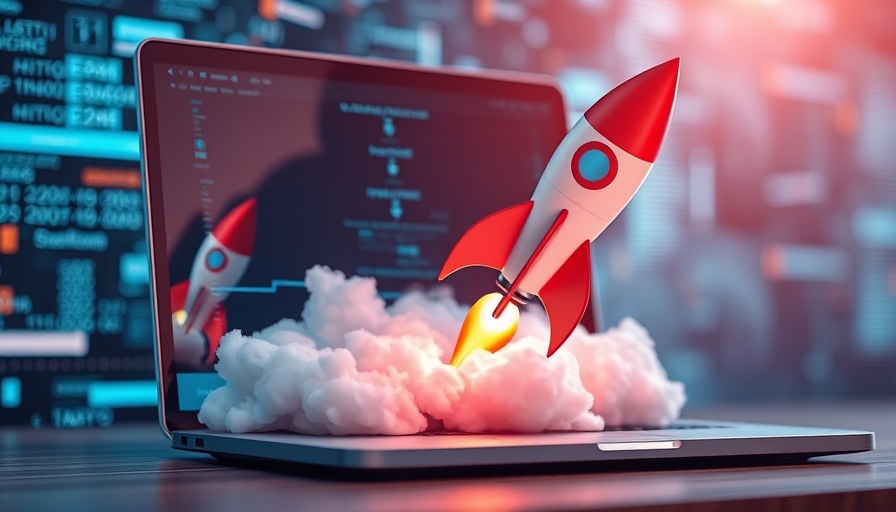 Rocket launching from laptop screen symbolizing startup launch.