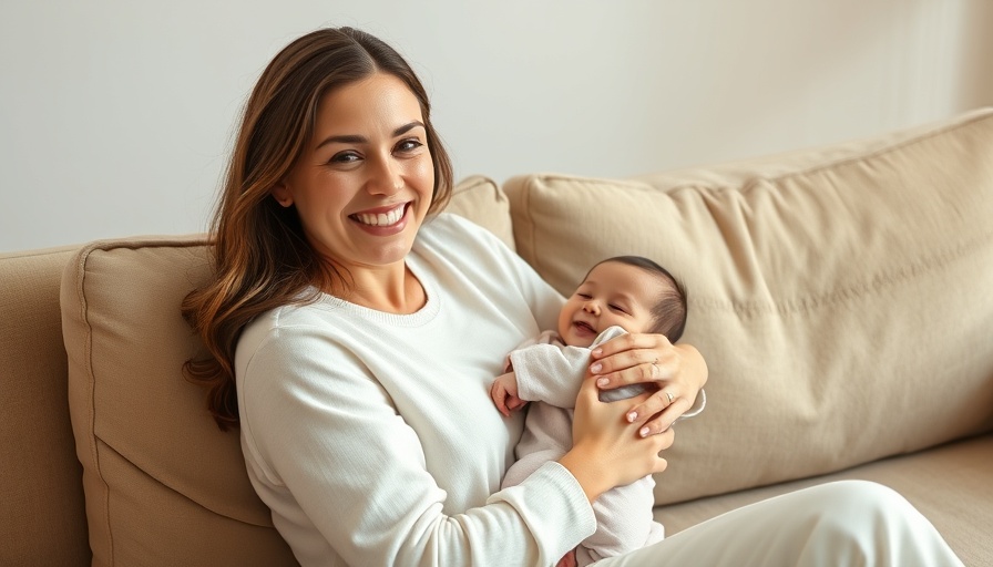 Woman holding a baby on a sofa, starting a business while pregnant atmosphere.