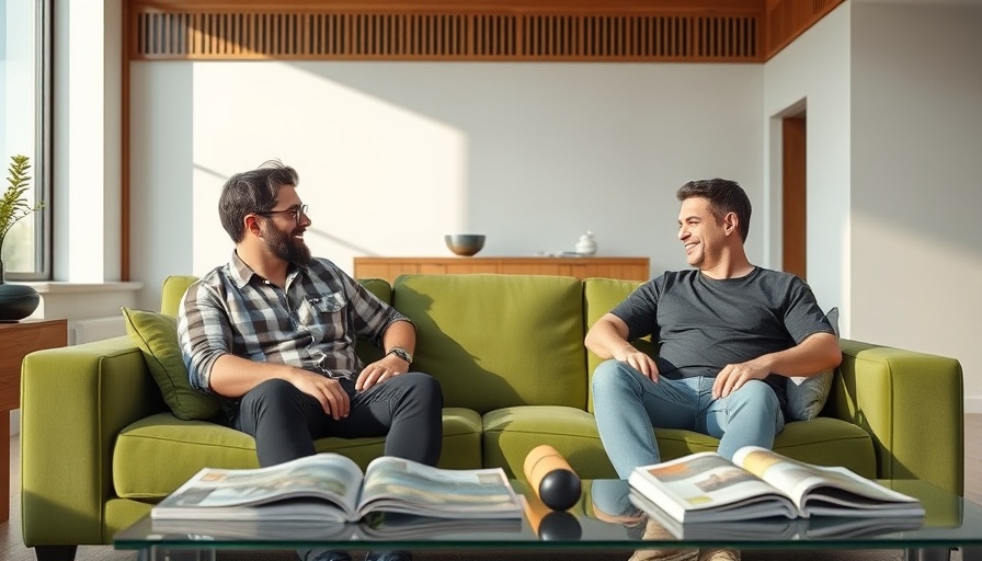 Two men on green couch discussing AI food production innovation.