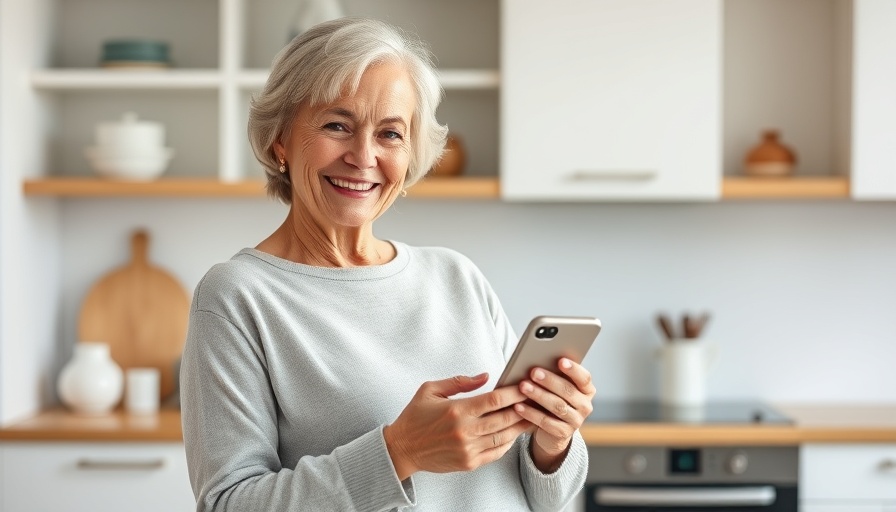 Older woman in modern kitchen holding phone, displaying confidence.