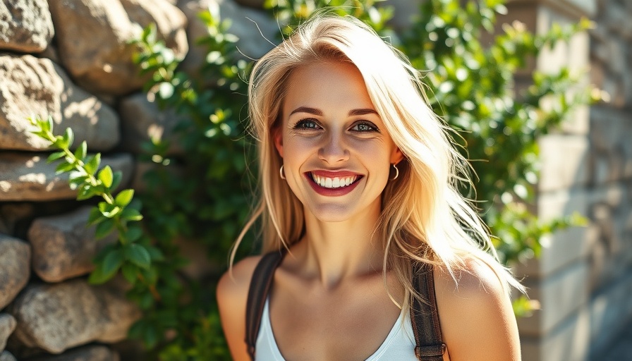 Woman smiling outdoors in stylish summer outfit near greenery