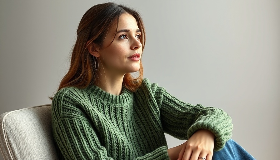 Woman in green chunky jumper seated thoughtfully, choosing chunky vs lightweight jumpers.