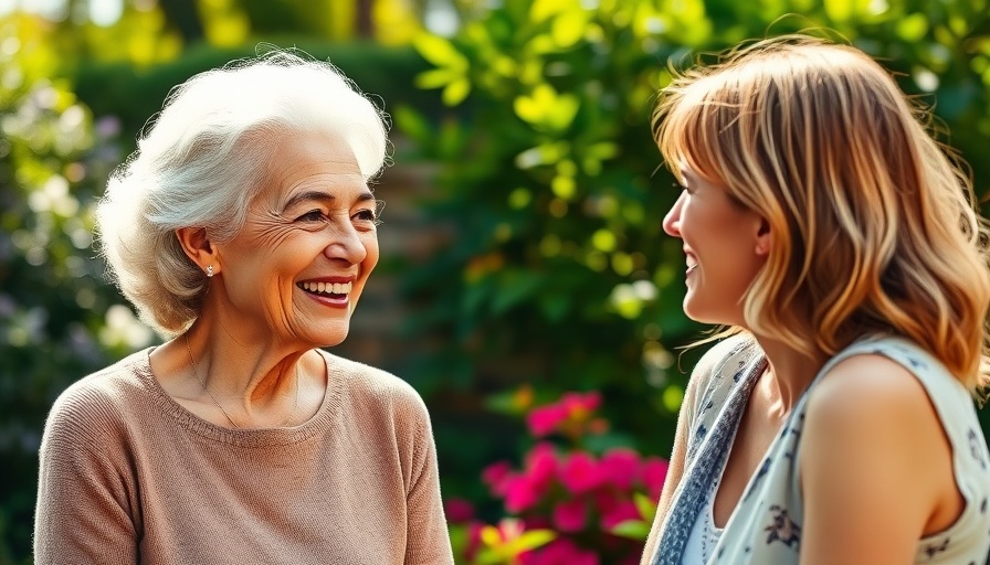 Elderly woman and young woman conversing happily in a garden.