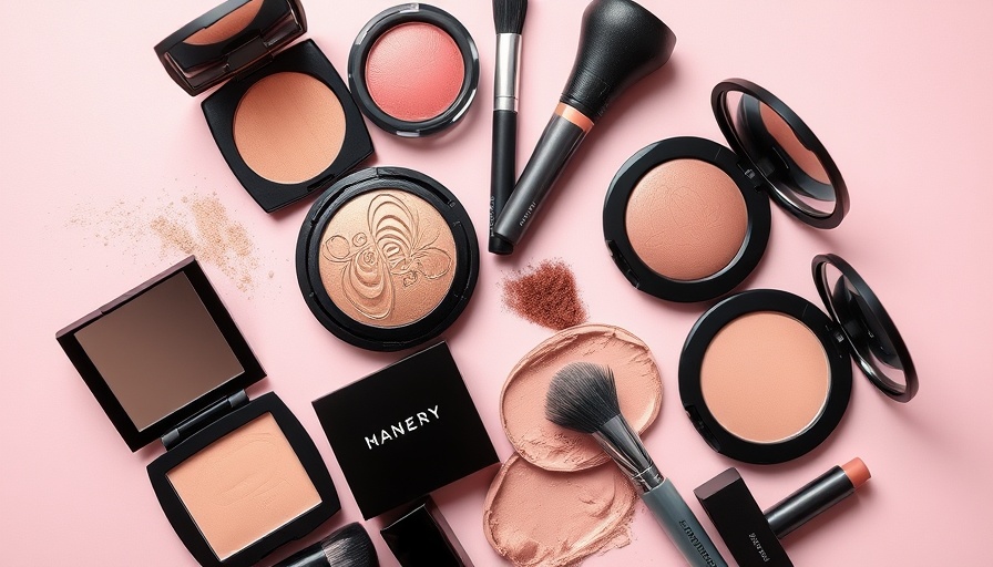 Assorted makeup products on pastel pink background.
