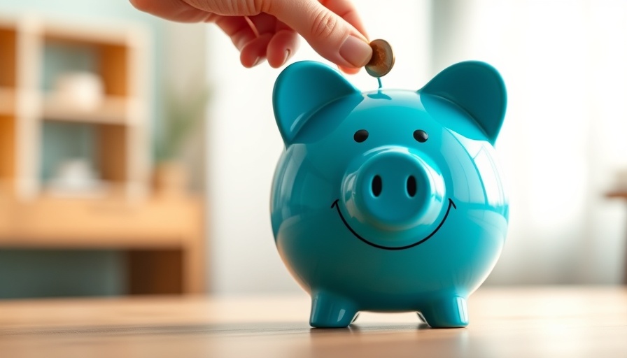 Ways to Save Money: Bright blue piggy bank with a hand adding a coin.
