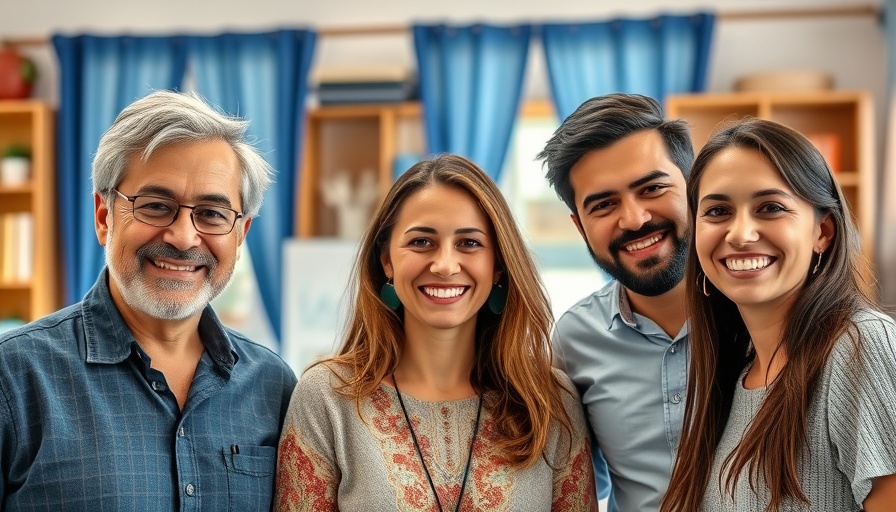 Three people smiling and posing indoors with blue curtains.
