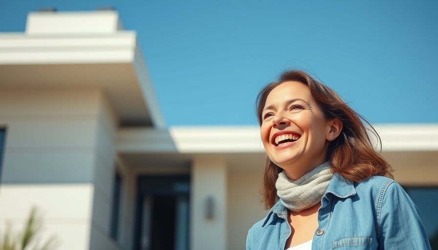 Smiling woman in front of modern house; How to Save for Your First Property.