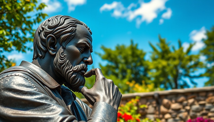 Bronze statue of a thinker in a garden under blue sky, Financial wisdom quotes.