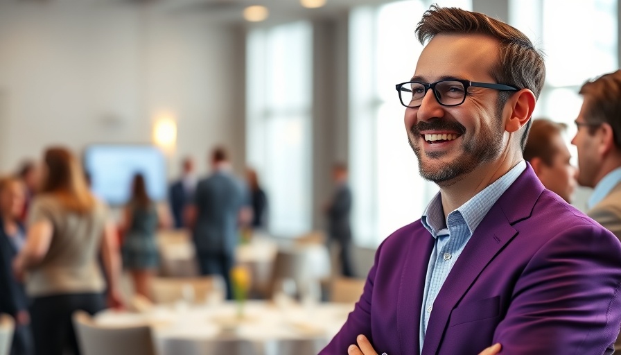 Smiling man in purple blazer at a successful business conference.