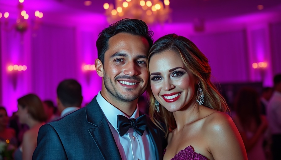 Elegant couple smiling at a formal event, vibrant background.