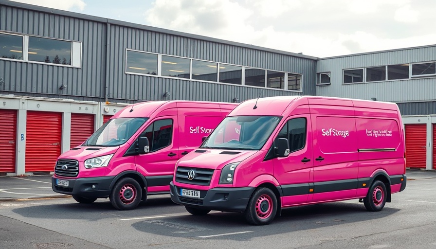 Pink self-storage vans in UK facility, part of expansion.