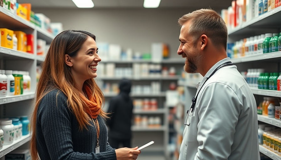 Cheerful female pharmacist assisting a customer in a pharmacy.