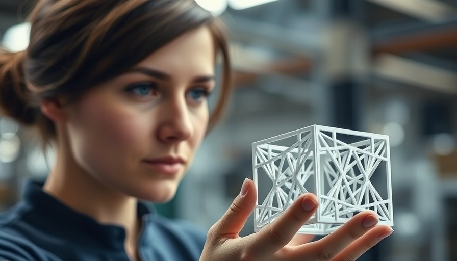 Focused woman with 3D-printed cube, sustainable manufacturing.