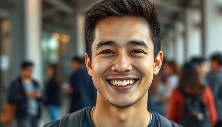 Young man smiling outdoors with a blurred background.