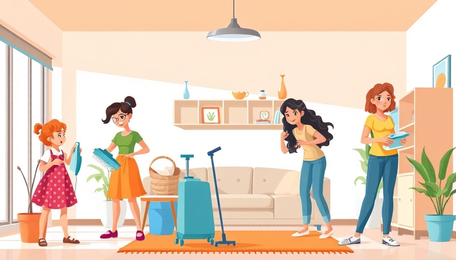 Cartoon women in home services startup setting with app focus.
