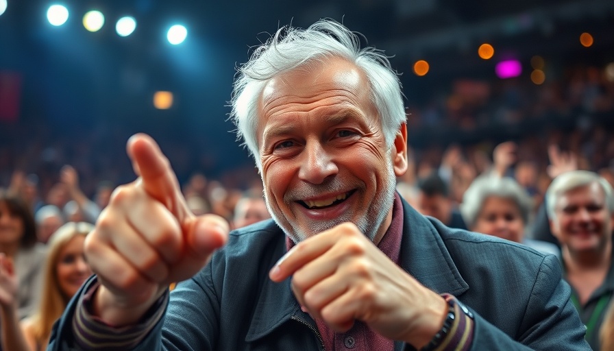 Confident man pointing at a crowded event during US court ruling on tariffs