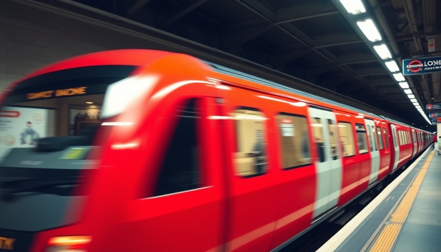 London Underground train at station with Mind the Gap poster.