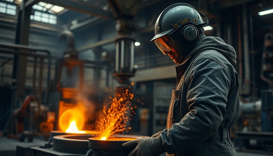 Steelworker in a foundry pouring molten metal, UK steel industry.