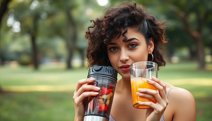 Woman sipping from Ninja Blast Portable Blender in a park.
