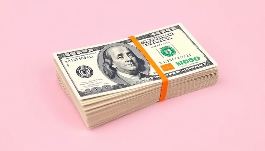 Crisp bundle of hundred-dollar bills with rubber band, pastel pink background.