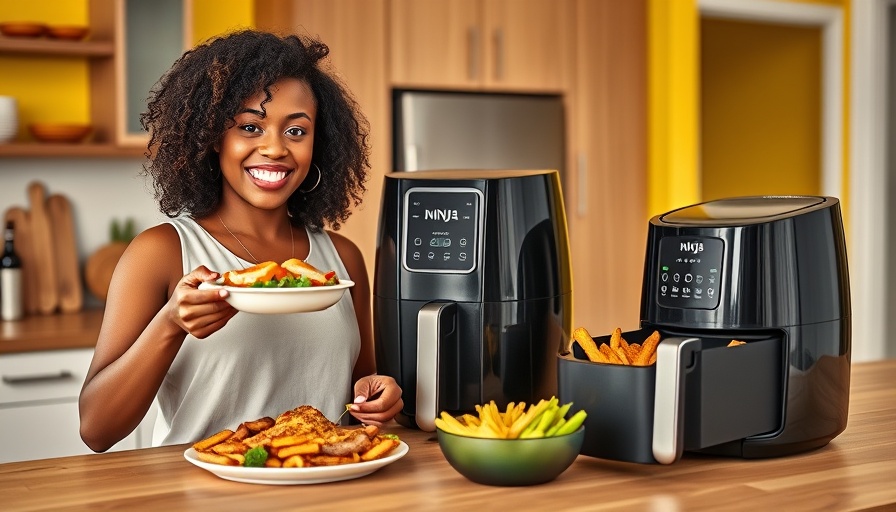 Woman displaying dish in modern kitchen with Ninja Speedi 10-in-1 air fryer.