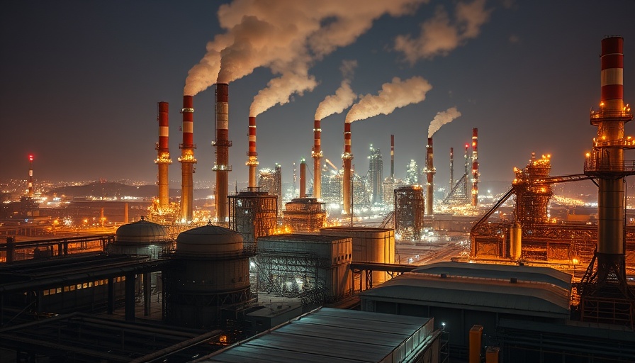 Illuminated industrial steel factory at night related to UK steelmakers US tariff.