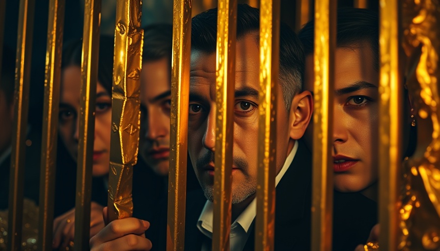 Dramatic portrayal of Brink’s-Mat Robbery impact with faces on gold bars.