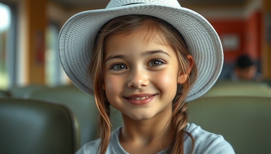 Young girl in a white hat smiling in a casual setting.