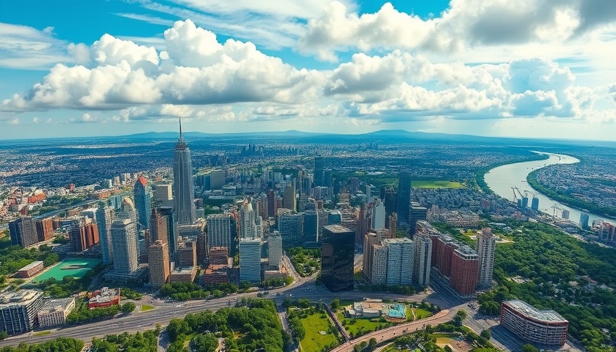 Aerial urban view showcasing modern cityscape with skyscrapers and greenery.