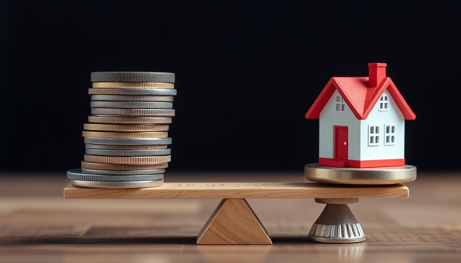 Balanced scale with coins and house representing affordable housing investment.