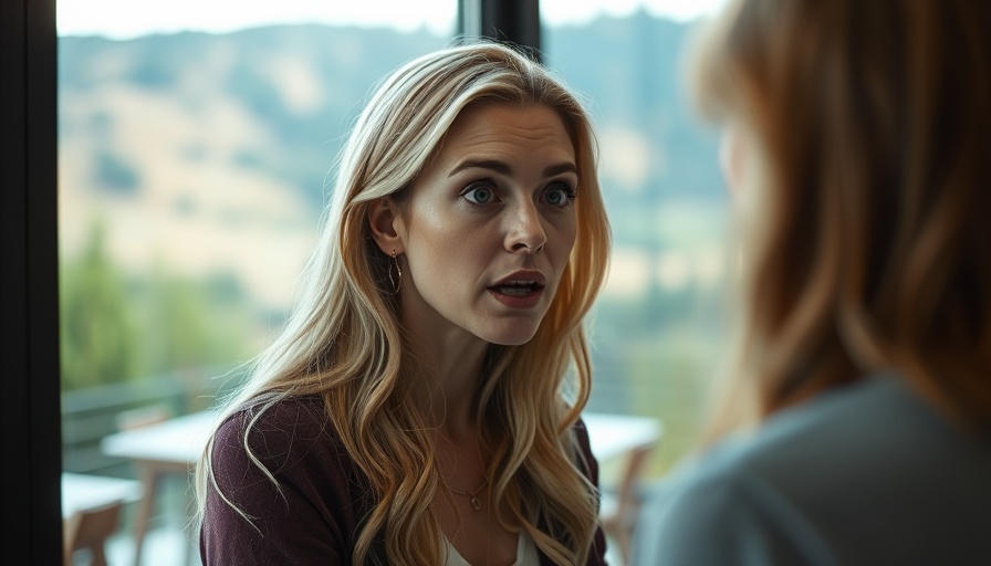 Woman discussing family history with surprised expression indoors.