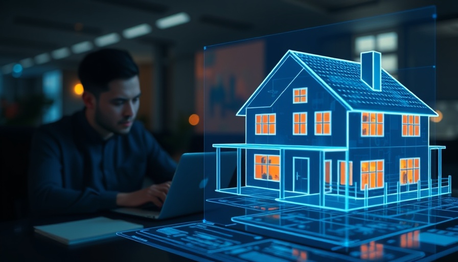 Futuristic house blueprint hologram; Landbay API integration concept.