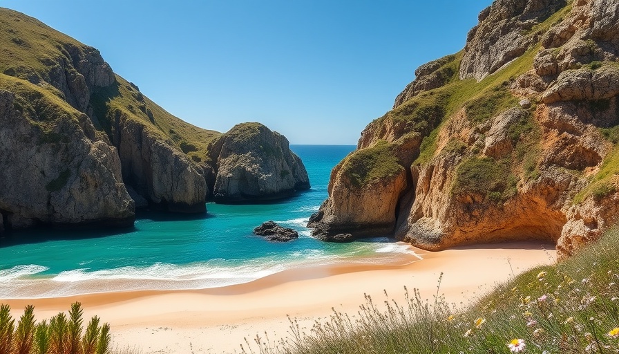 Scenic beach with turquoise waters, rocky cliffs, best beach in Europe.