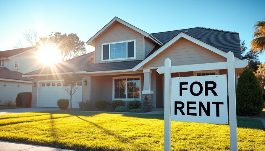 Buying a rental property: suburban house with 'For Rent' sign.