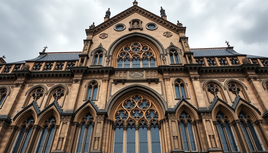 Gothic facade of historic building, ornate arches and carvings, PPE Medpro compliance issue