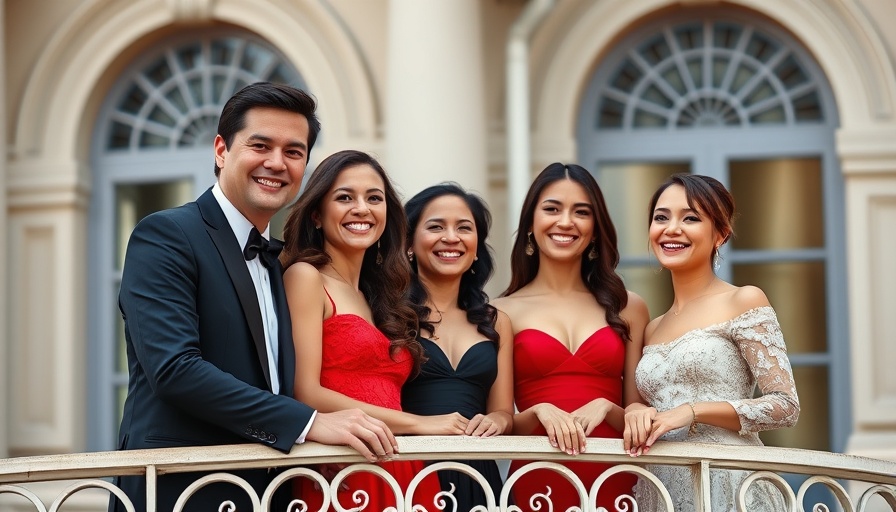 Family on balcony during an event in formal attire.