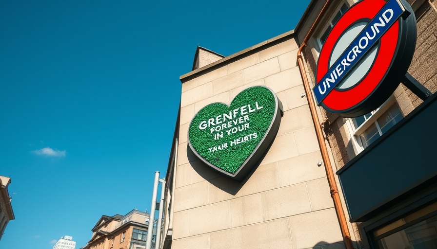 Grenfell Tower memorial sign with green heart and slogan, justice