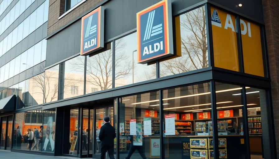 Aldi store exterior in urban setting, person passing by, reflections visible.