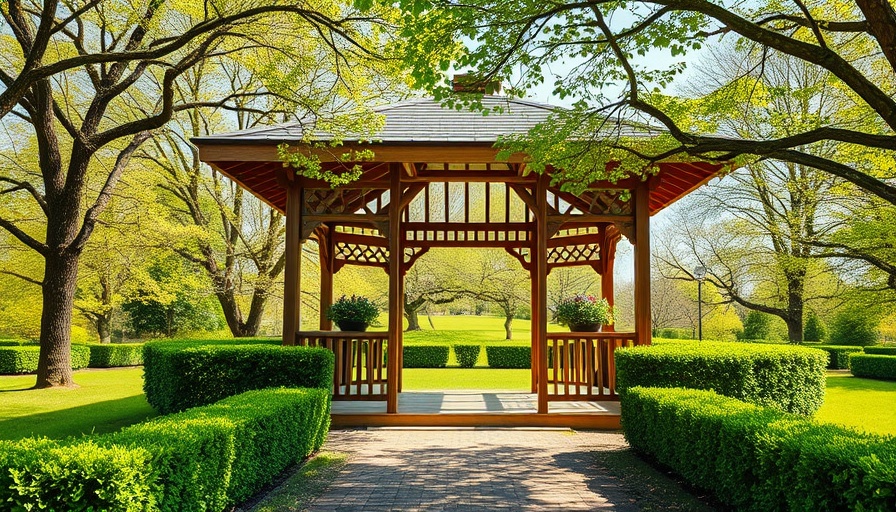 Wooden gazebo in a park amidst greenery, London backdrop.