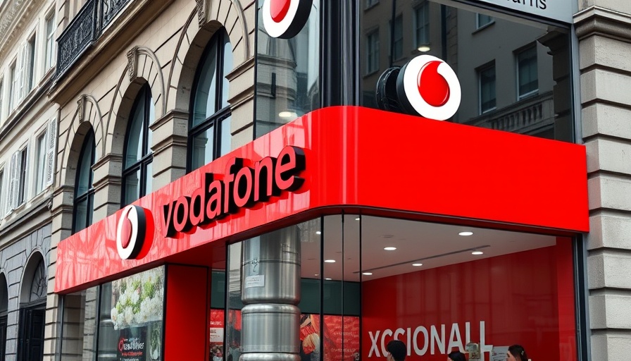 Contemporary Vodafone storefront with red and white signage in historic urban setting.