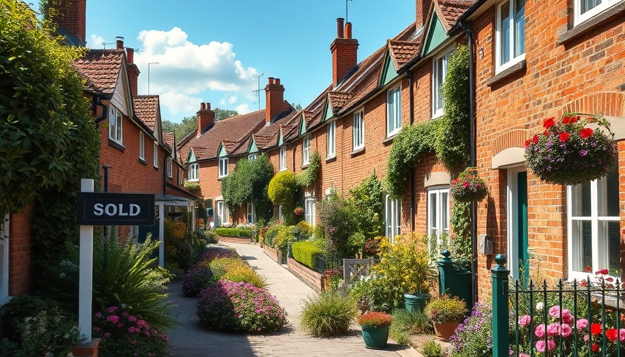 UK house prices reflected in sold sign on charming street.