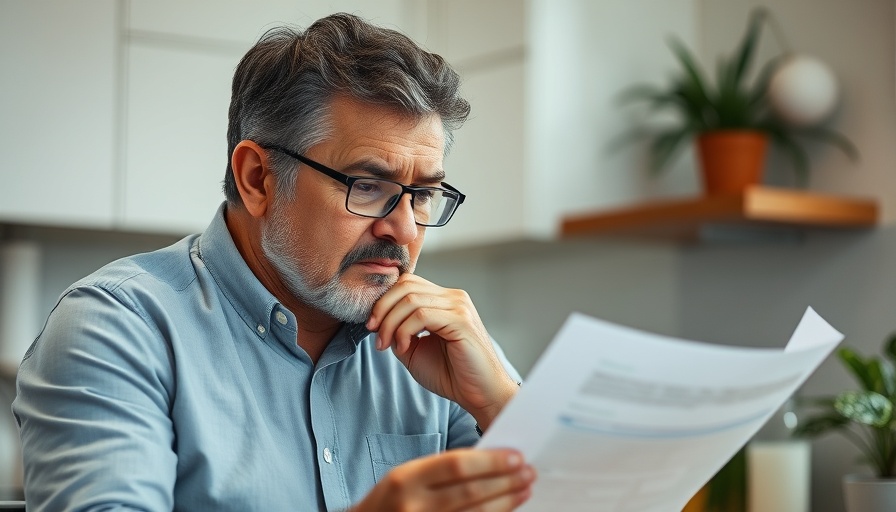 Middle-aged man reviewing Warm Home Discount eligibility document in kitchen.