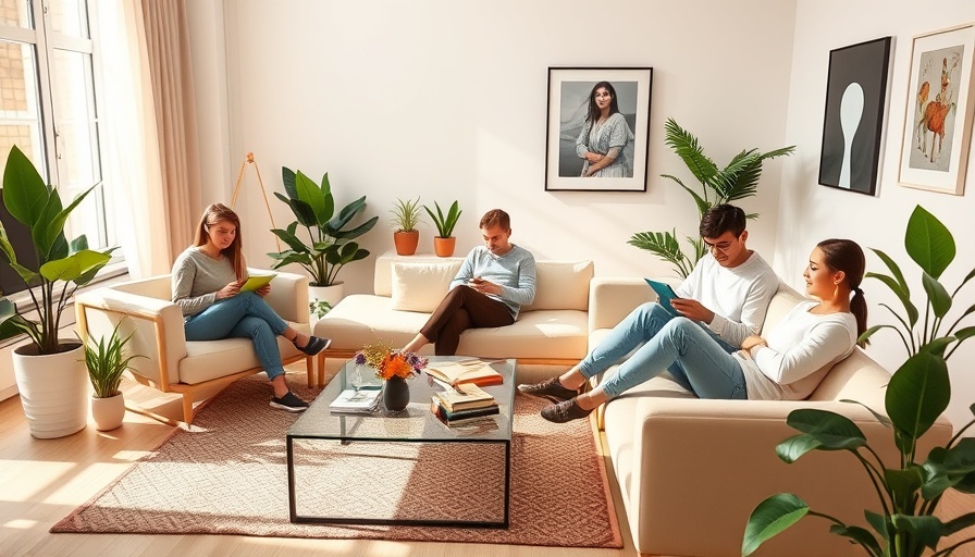 Modern HMO property living room with young adults relaxing.