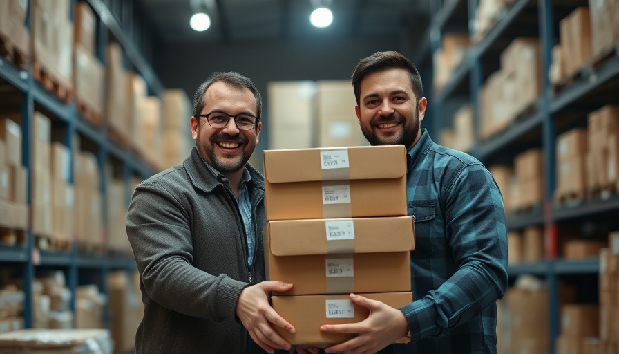 Delfio fundraising - Two men in a warehouse holding boxes, smiling.