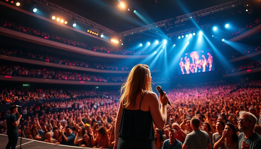 Singer performing on stage during a concert with energetic audience.