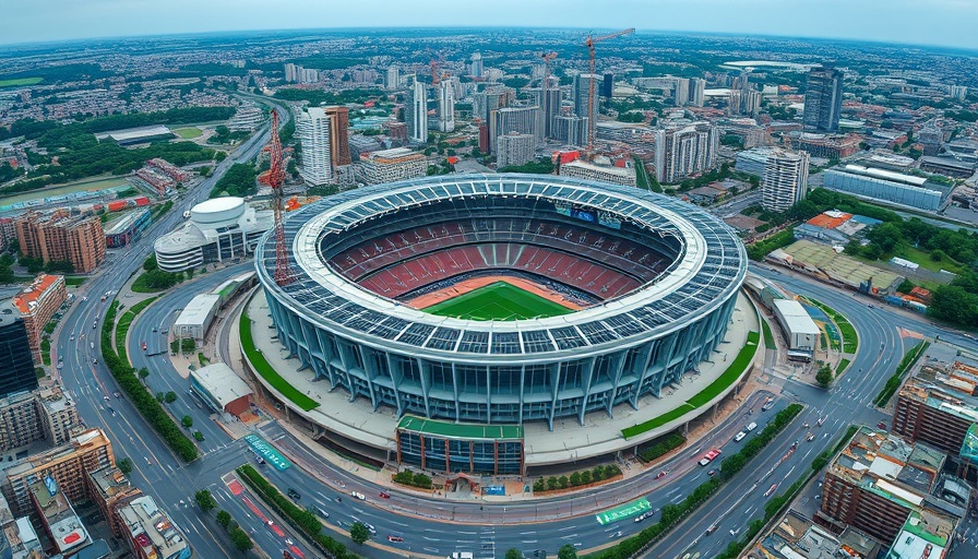 Aerial view of a large stadium surrounded by a city landscape.
