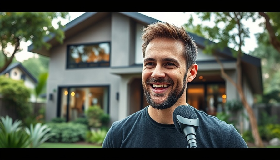 Cheerful man discussing real estate on podcast in modern setting for 2025 Real Estate Investors Confidence Survey.
