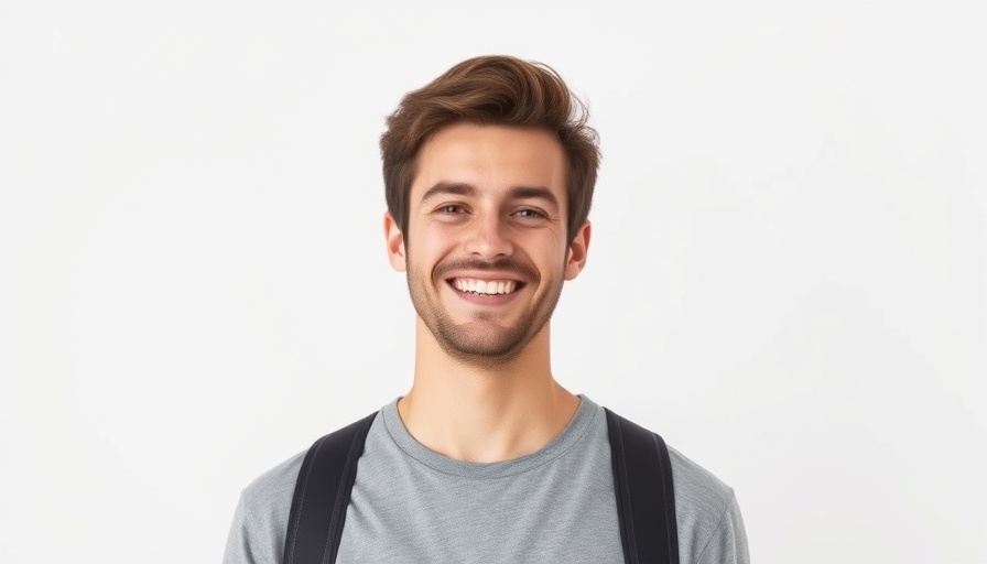 Young man smiling warmly, casual black shirt, white background