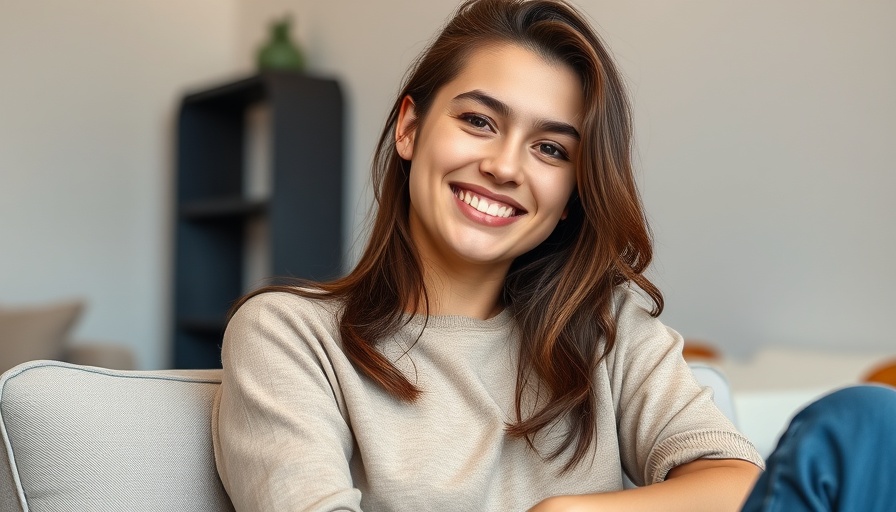 Relaxed smiling young person in casual indoor setting.